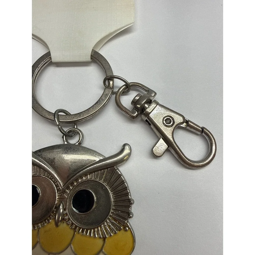 Enamel Owl Keychain Silver Tone Yellow Cream Bird Bag Charm Lobster Clasp NEW